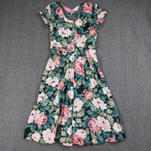 CAROL ANDERSON PETITES WOMENS VTG 90S BLACK FLORAL BELTED A LINE DRESS SZ 14P